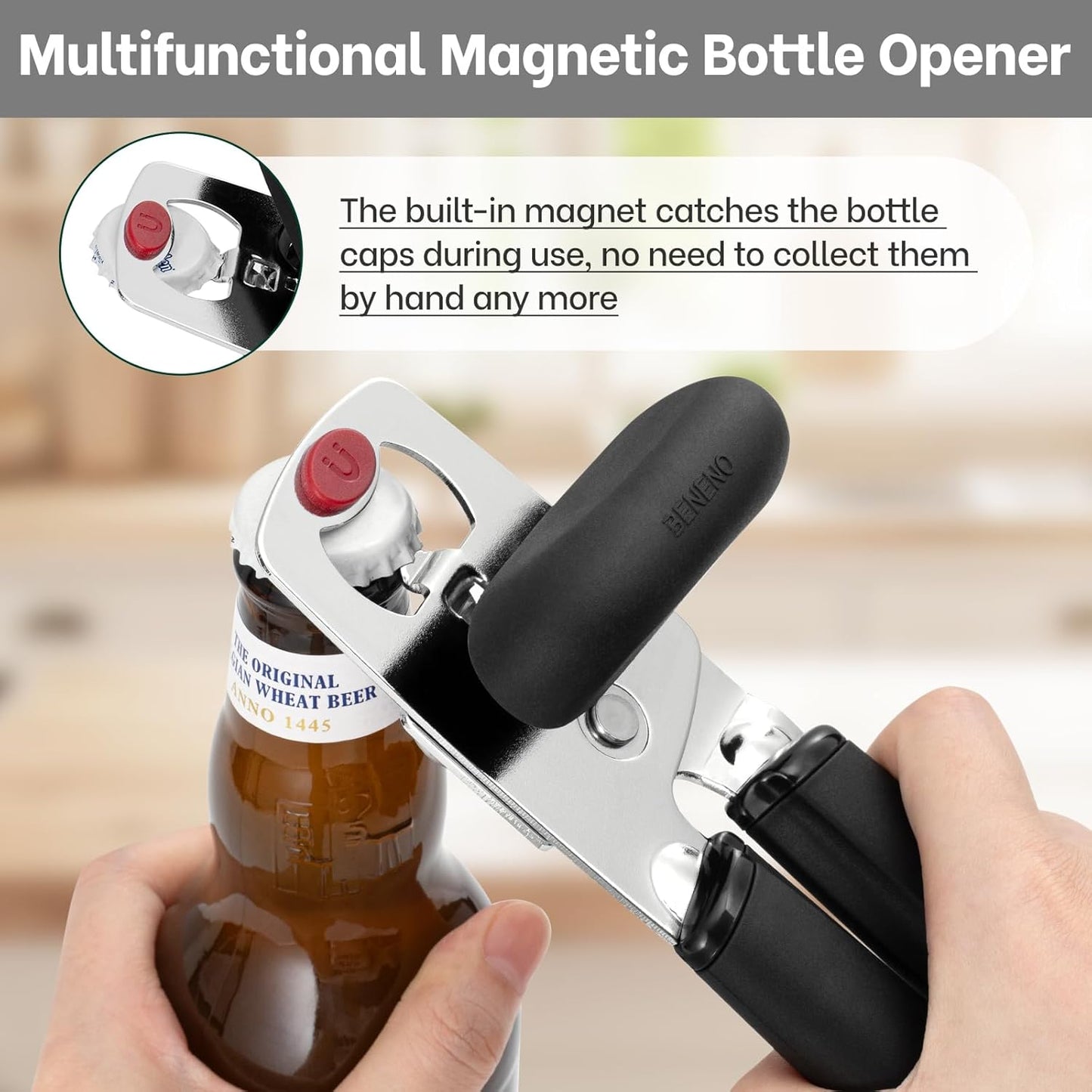 Beneno Heavy Duty Multifunctional Manual Can Opener and Bottle Opener with Magnet, Ultra Sharp High-Carbon Steel Smooth Cutting Blade, Ergonomic Easy to Turn Knob, Soft Non-Slip Rubber Handles, Black