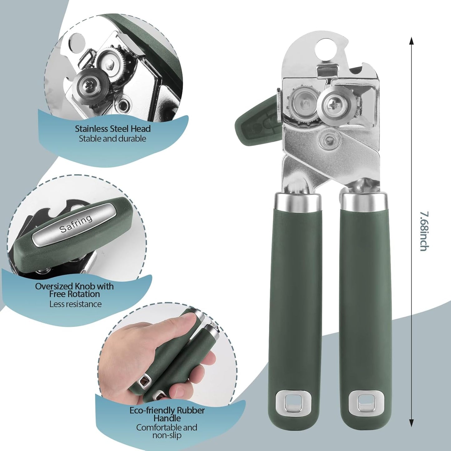 Can Opener Manual, Heavy Duty Handheld Strong Can Opener with Soft Touch Handle, Sharp Blade Smooth Edge, Can Openers with Multifunctional Bottle Opener, Hunter Green
