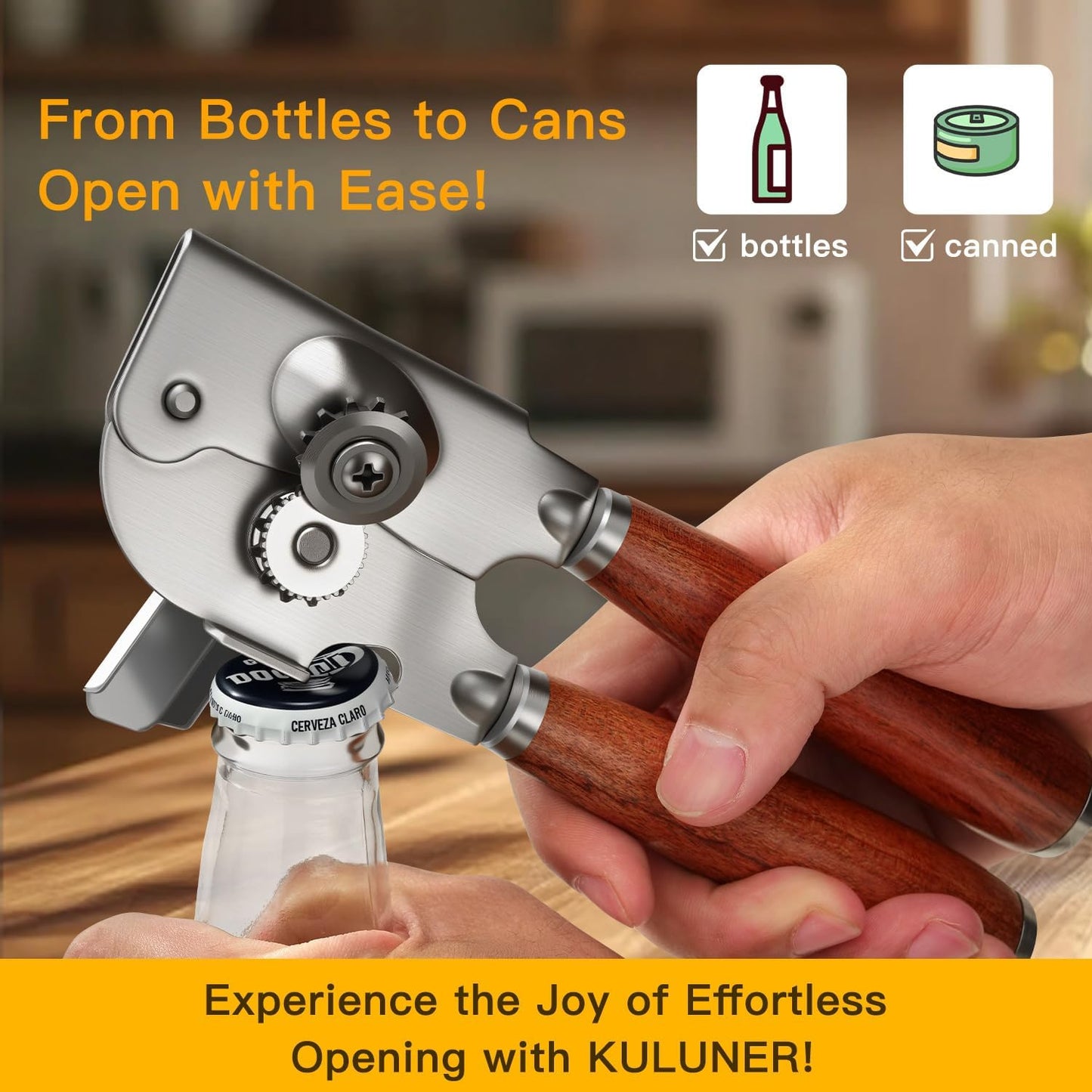 Upgraded Efficient Manual Can Opener - Selected Solid Wood Handle, Sharp and Smooth Blade Edge, Portable Design, Easy-Open Large Knob, Versatile for Various Bottle Caps（Rosewood）