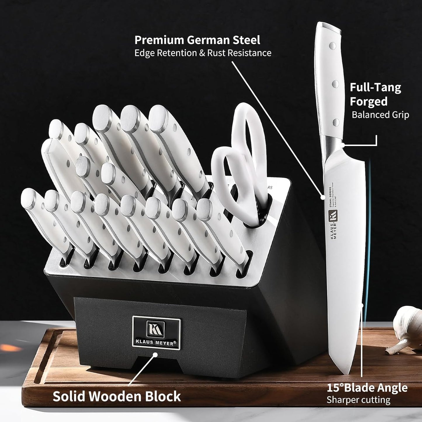 Klaus Meyer Stahl 19 Piece High Carbon Exclusive German Steel Knife Block Set (White)