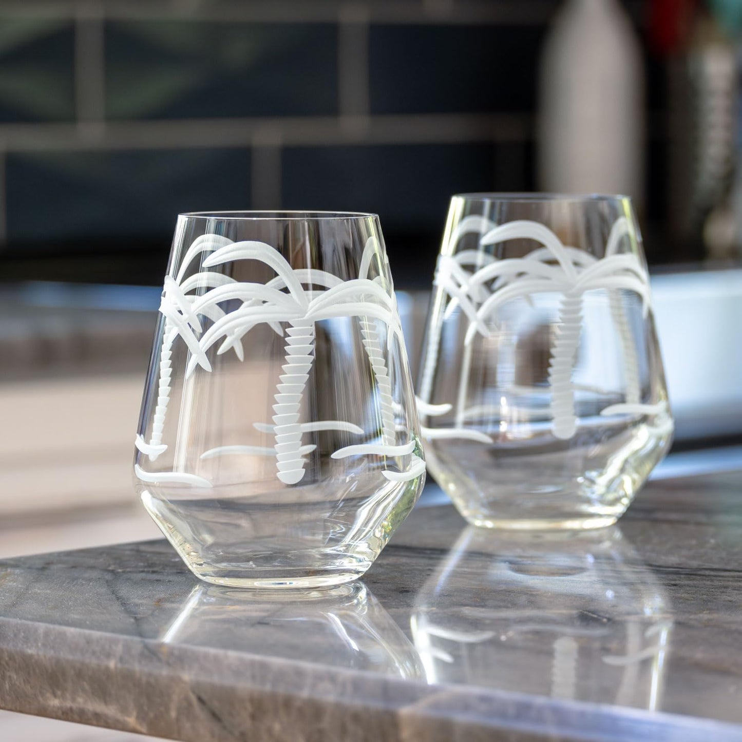 Rolf Glass Palm Tree Stemless Wine Glass 18oz | Set of 2 Wine Tumblers | Lead-free Engraved Coastal Glassware | Made in the USA