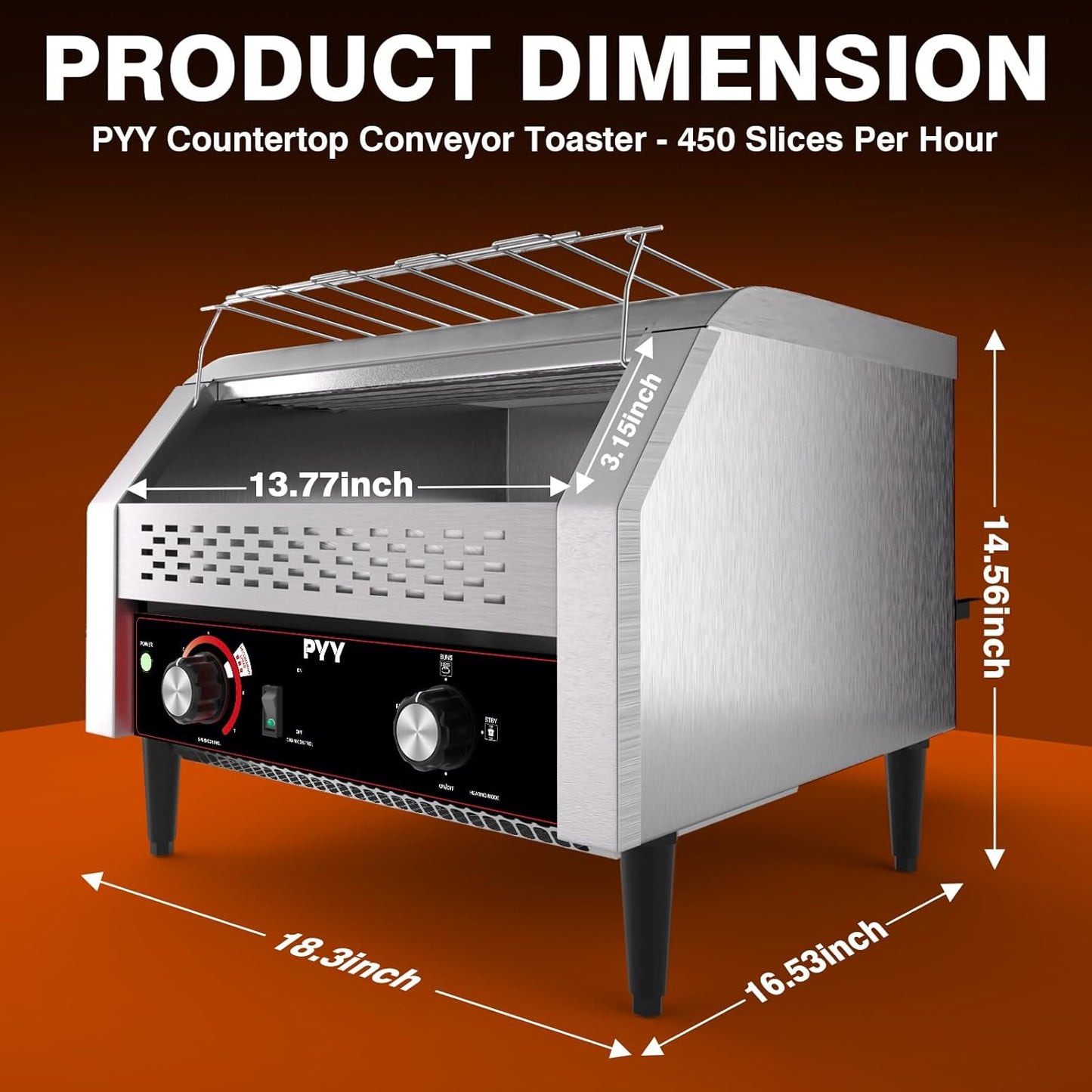 PYY Commercial Conveyor Toaster 450 Slices/Hour, Electric Conveyor Belt Toaster for Toast, Bun, Bagel, Bread, Heavy Duty Stainless Steel Toaster Oven for Restaurant, Bakery, Buffet Use