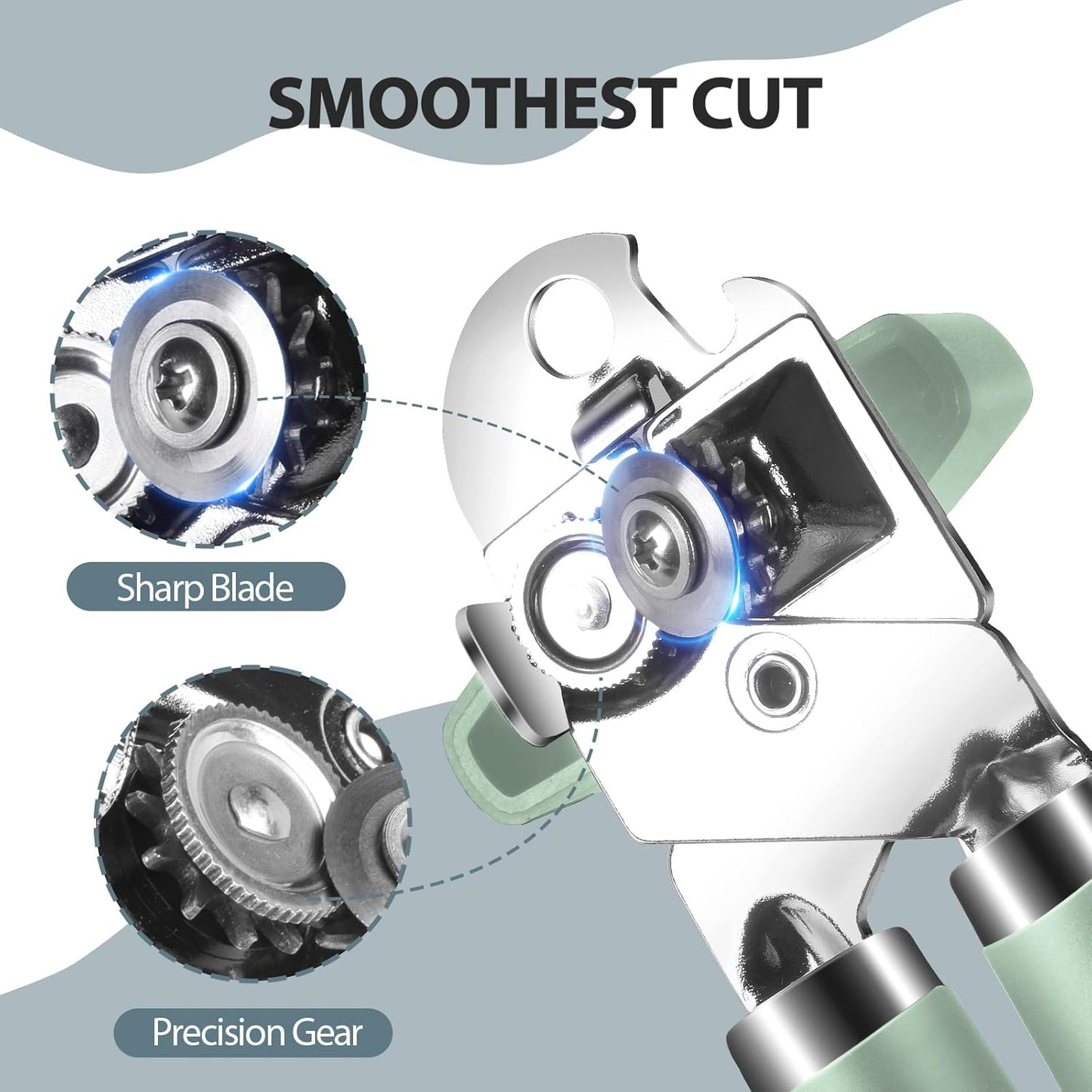 Can Opener Manual, Heavy Duty Handheld Strong Can Opener with Soft Touch Handle, Sharp Blade Smooth Edge, Can Openers with Multifunctional Bottle Opener, Mint