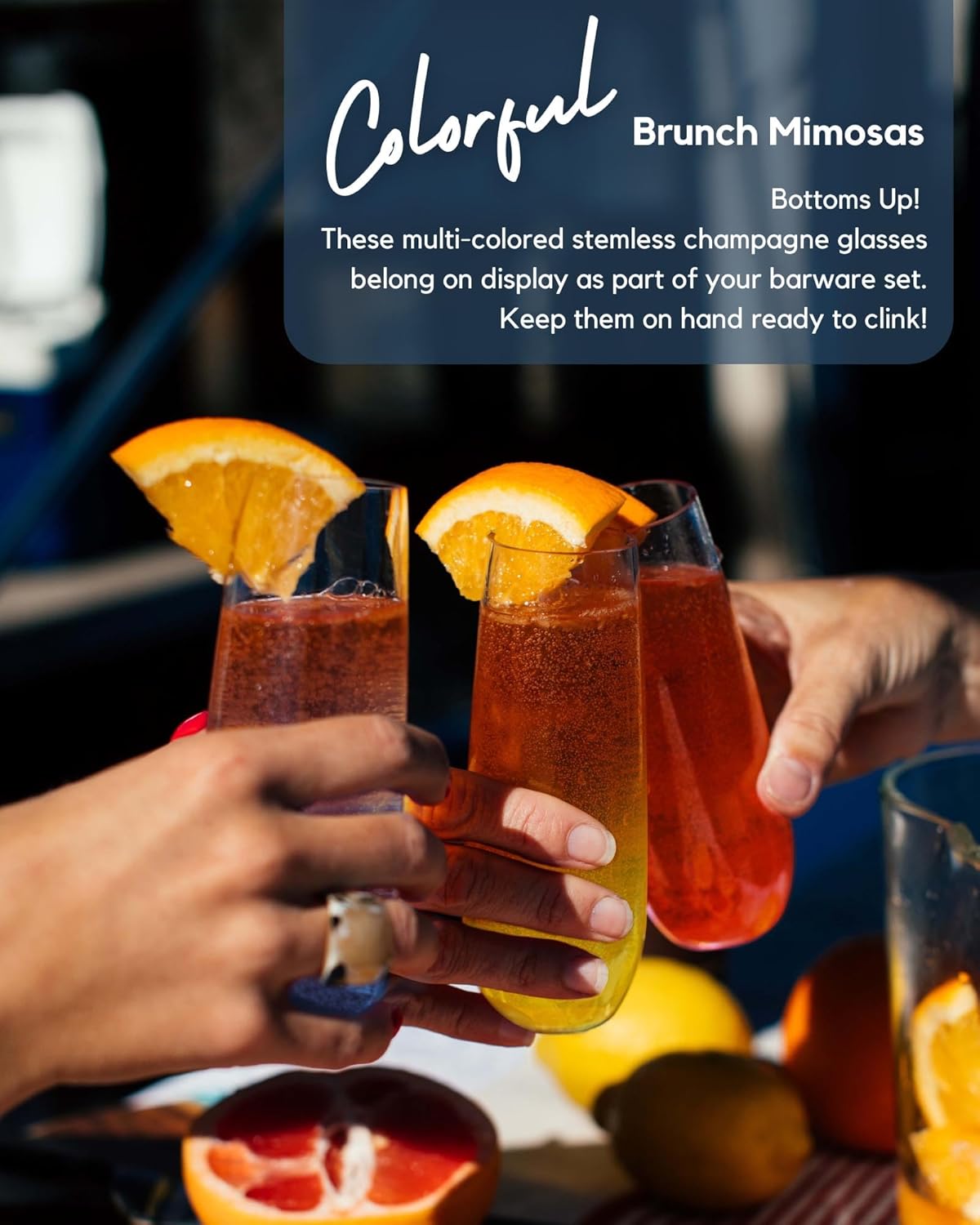 ColoVie Stemless Champagne Glasses Set of 6- Colored Champagne Flutes- Wedding Toasting Glass- Bridesmaid Gift- Mimosa Glass- Crystal Bar Glassware- Birthday Cocktail Party, 9.6oz