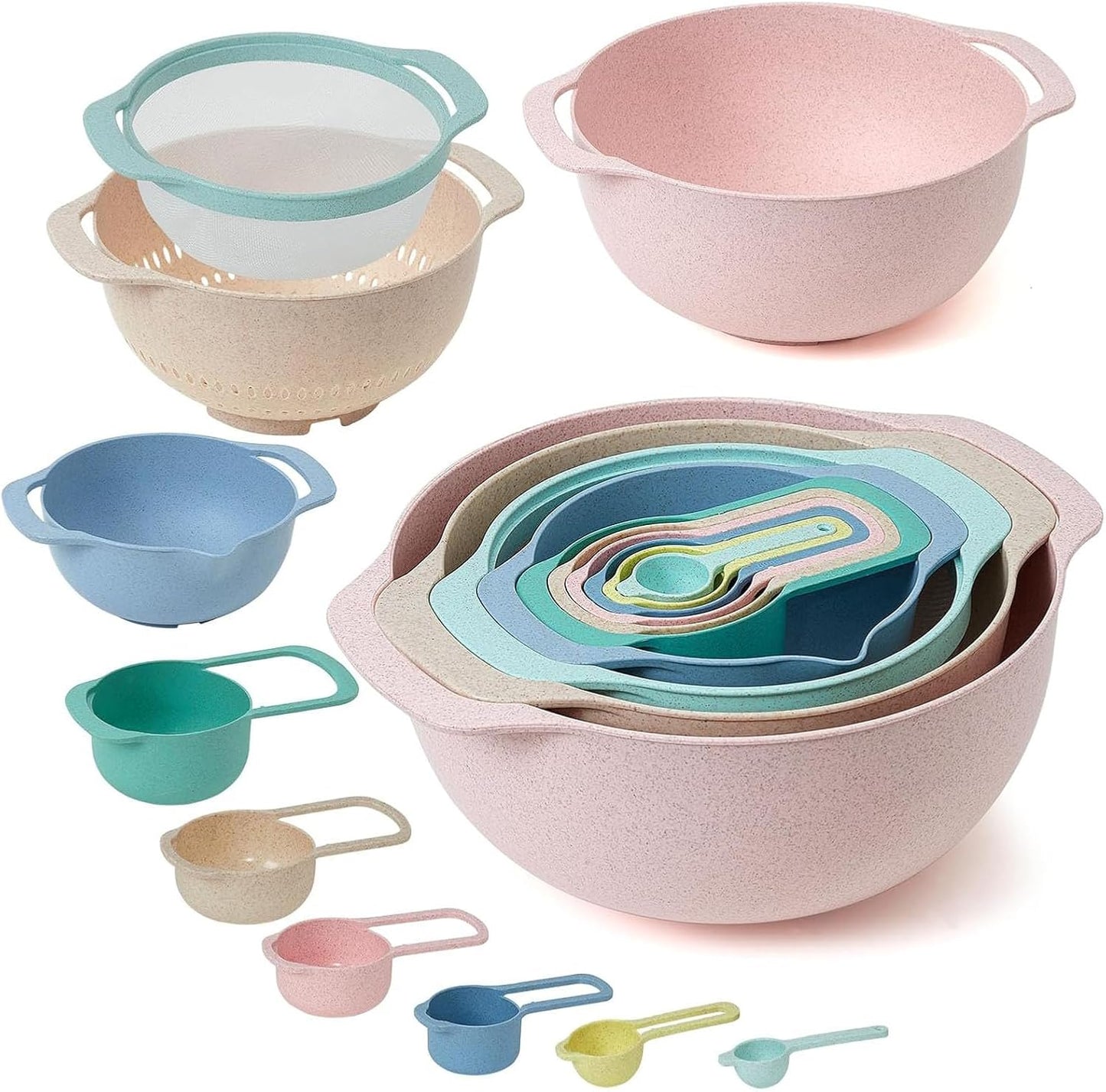Plastic Mixing Bowls Set 8/10 PCS with Measuring Spoon, Colorful Serving Bowls for Kitchen, Ideal for Baking, Prepping, Nesting Bowls for Space Saving Storage (Soft Breeze)
