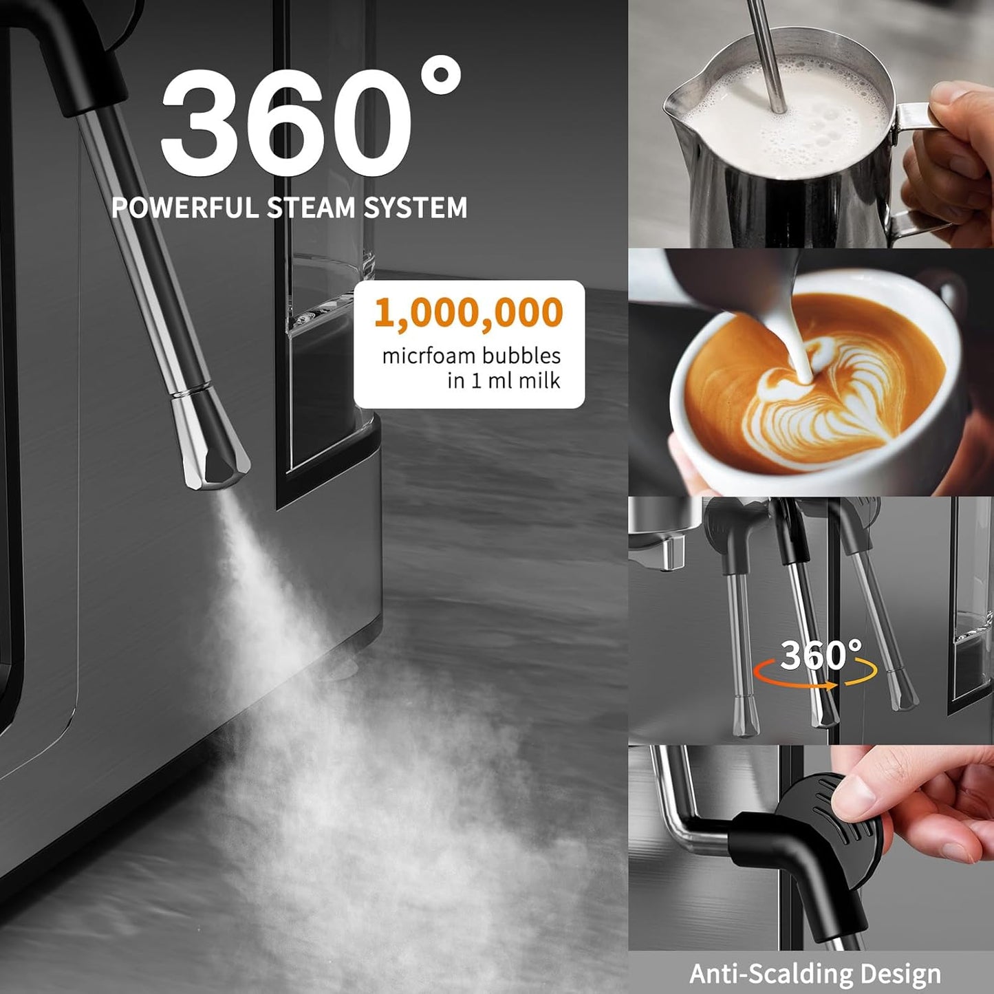 Espresso Machine, 20 Bar Cappuccino Machines with Milk Frother for Home, Compact Espresso Maker & Stainless Steel Coffee Machine for Cappuccino, Latte, Cold Brew, Silver