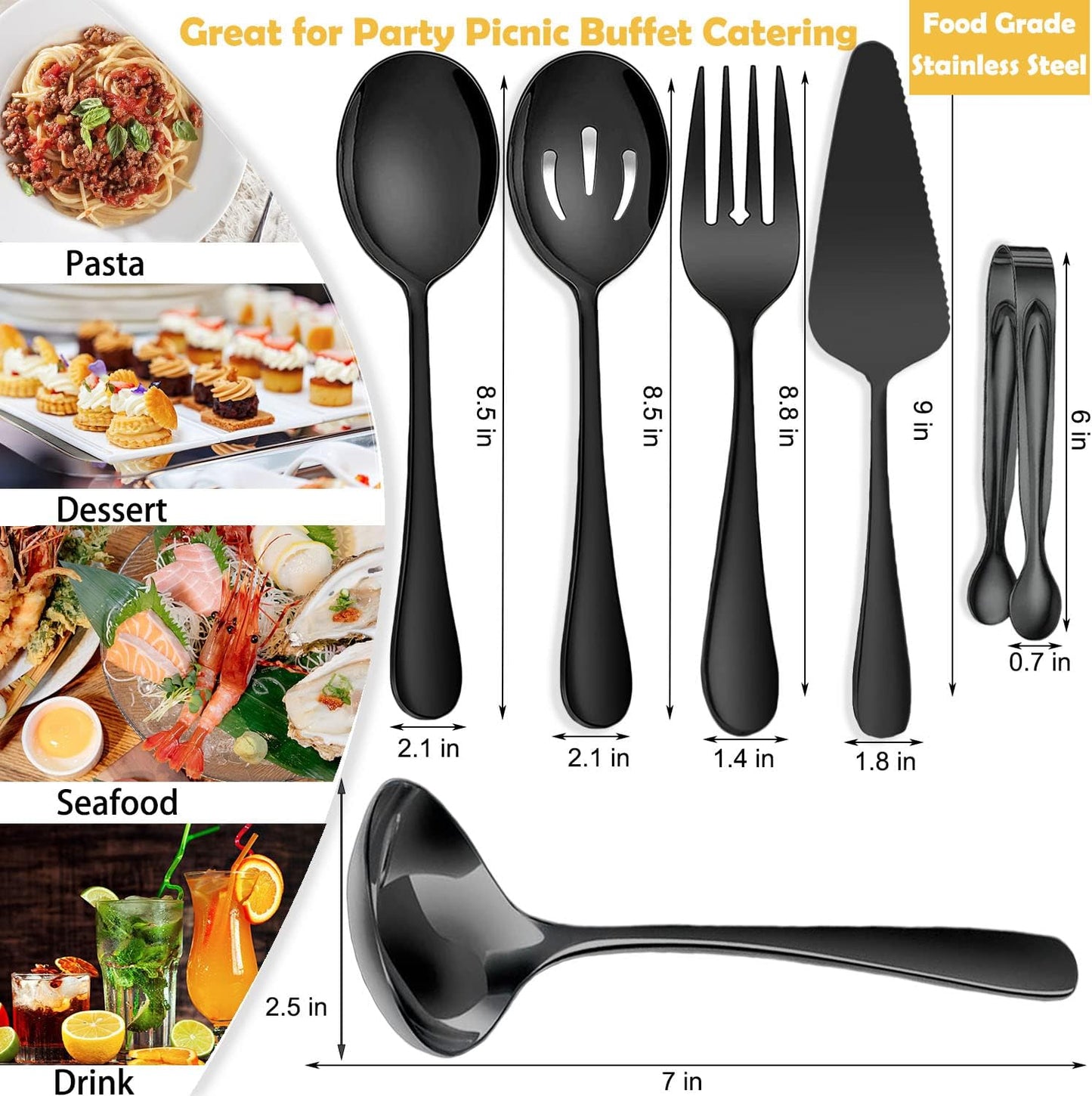 6 PCS Stainless Steel Serving Utensils, Large Serving Spoons Slotted Spoons, Forks, Ice Suger Tongs, Cake Server, Soup Ladle, Metal Utensils Set Great for Buffet Catering Banquet Party, Black