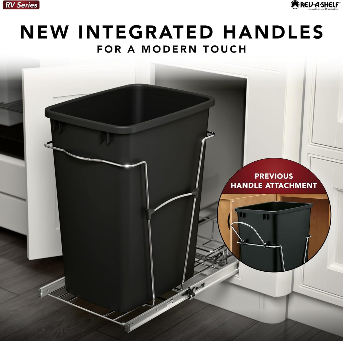 Rev-A-Shelf RV-18KD-1618C-S Double Pullout Trash Can for Kitchen Cabinets 35 Qt Garbage Recycling Bin on Full Extension Slides, Red/Black