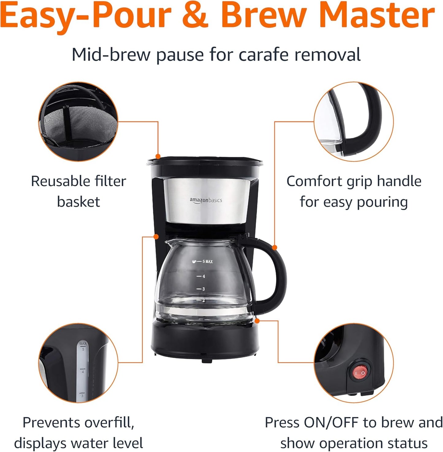 Amazon Basics Coffee Makers, 5-Cup Coffee Machines with Reusable Filter, Coffee Pots, Black & Stainless Steel
