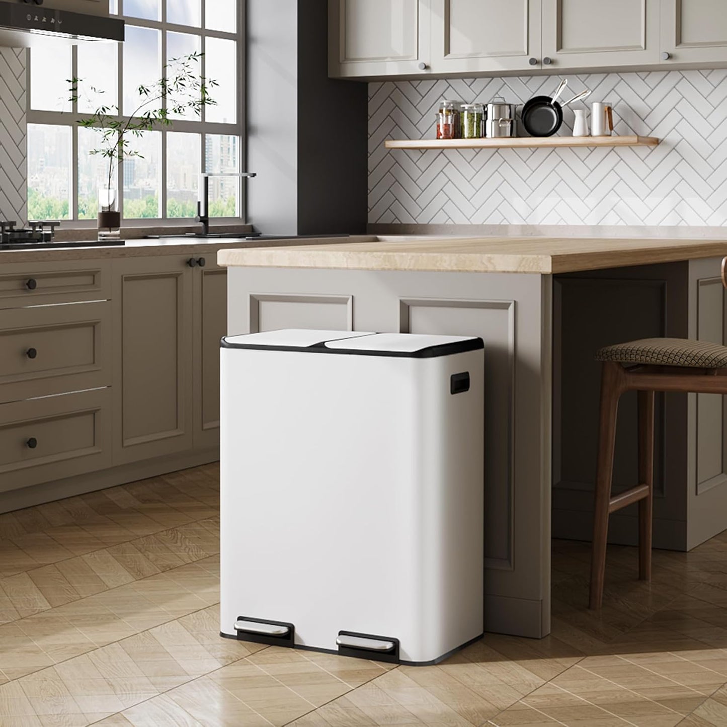 WLIVE 2 x 8 Gallon Stainless Steel Dual Trash Can, Double Trash Can Kitchen with Soft-Close Lid, Trash and Recycle Bin Combo, Kitchen Garbage Can with Deodorizing Filter Box and Inner Buckets, White