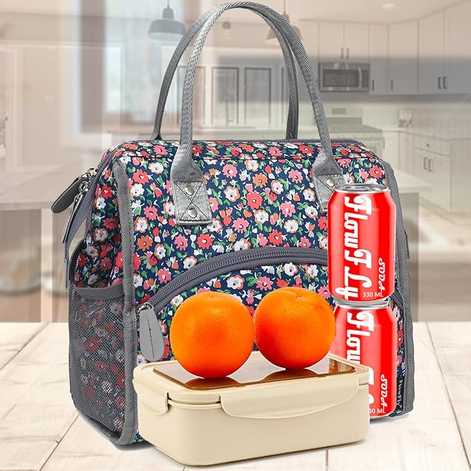 FlowFly Insulated Lunch Bag for Women, Men, Large and Reusable, Handle, Work and Travel Tote and Meal Prep Organizer, Floral