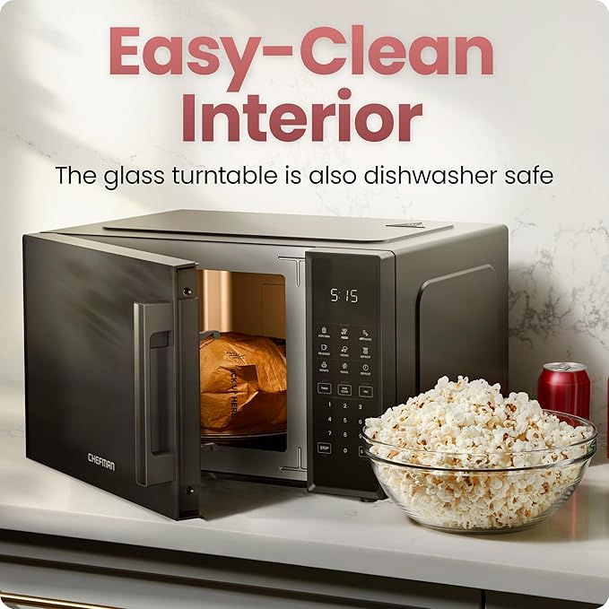 Chefman Countertop Microwave Oven 0.9 Cu. Ft., 900 Watts with 10 Power Levels, 6 Cooking Presets with One-Touch Express Cook, Eco Mode, Child Safety Lock, & Mute Button - Black