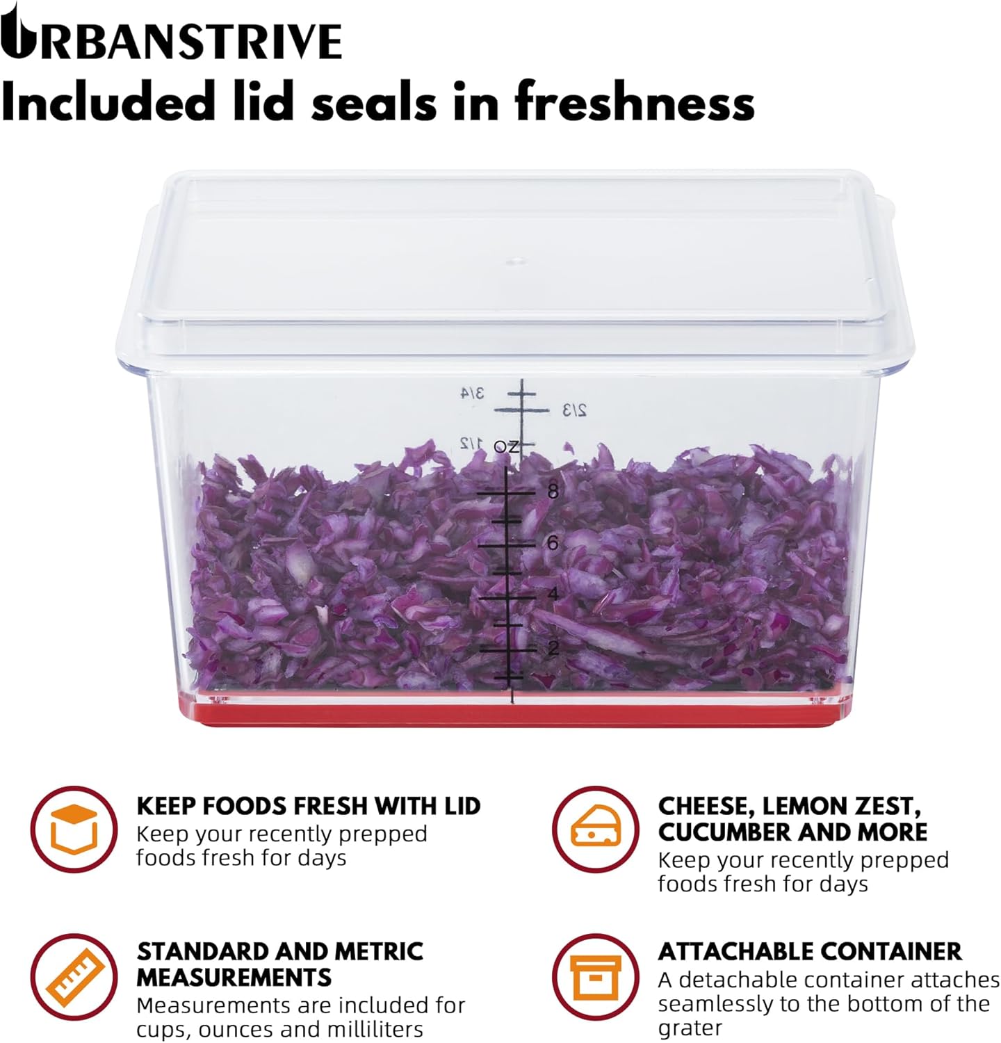 Urbanstrive Cheese Grater With Container, Professional Cheese Grater with Handle, Stainless Steel Graters for Kitchen Handheld, Box Grater with 4 Sides for Vegetables, Ginger, Potatoes (Red)