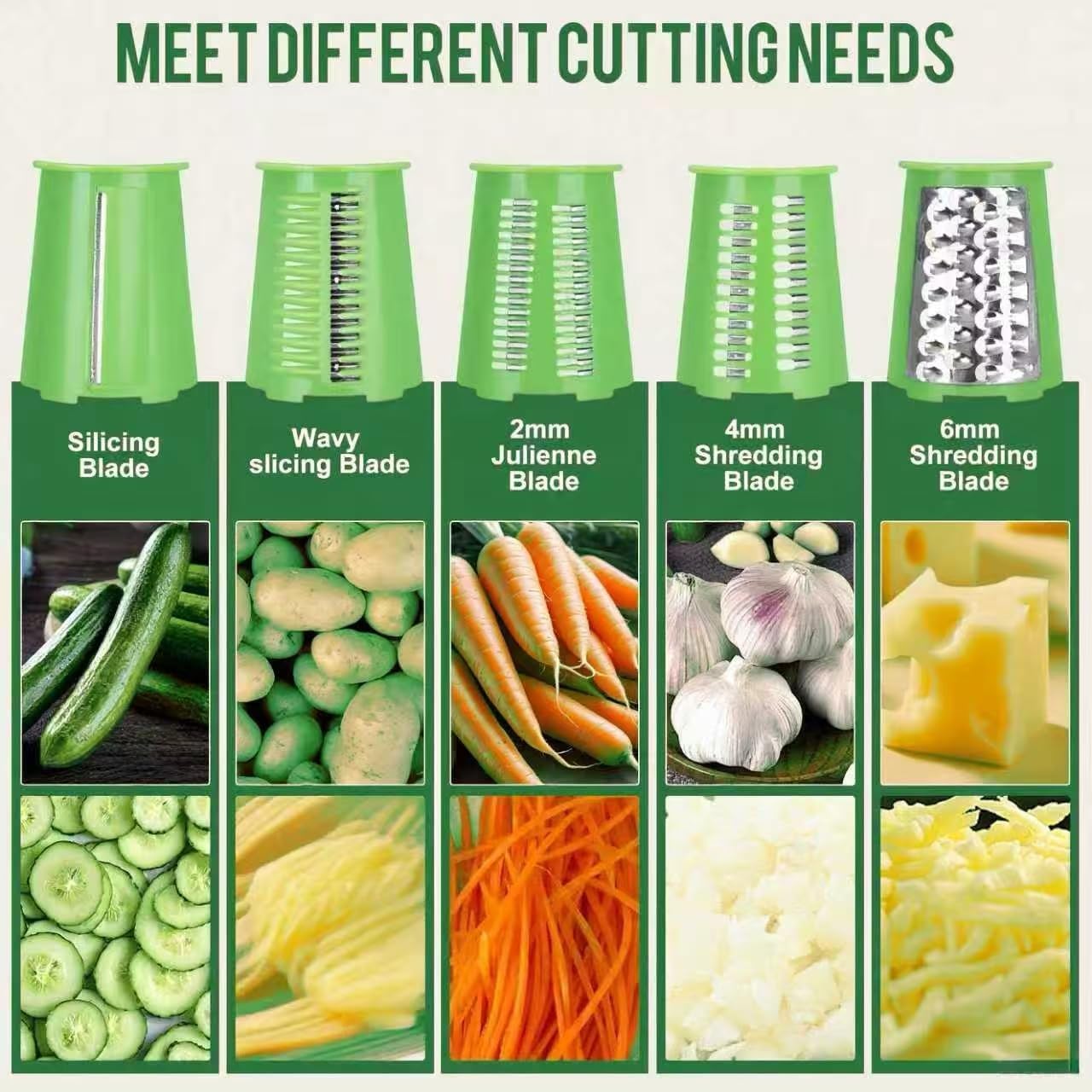 Rotary Cheese Grater with 5 Well-designed Blades & Strong Suction Base, Kitchen Mandoline Vegetable Slicer with Blade Storage Box (GREEN)