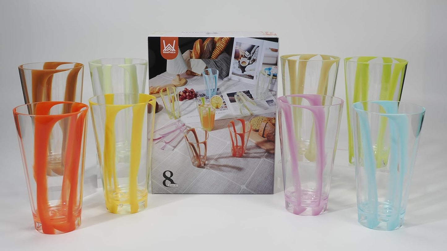 Set of 8 Plastic Striped Circus Drinking Cups Tumblers, Reusable MS Glasses 22 oz - BPA Free, Dishwasher Safe, Colorful, Stackable