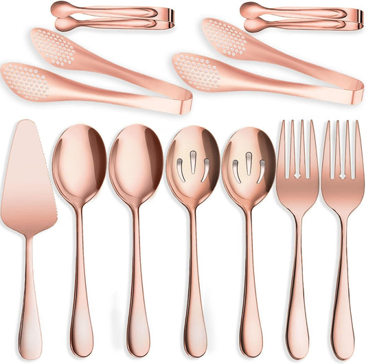 11 PCS Serving Utensils, Large Stainless Steel Spoons Forks Tongs, Pie Server, Great for Hostess Buffet Catering Banquet Party, Rose Gold