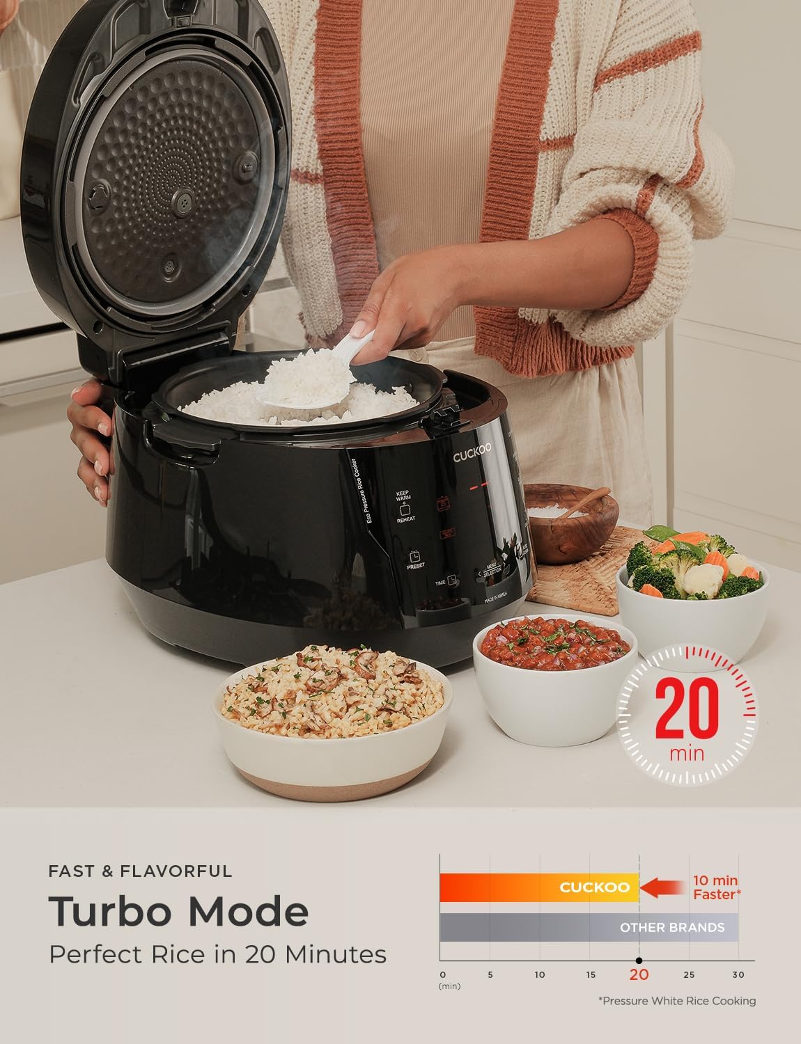CUCKOO High Pressure Rice Cooker 10-Cup Uncooked / 20-Cup Cooked with Nonstick Inner Pot, Large Rice Maker with 13 Menu Options and Steam Plate, Fuzzy Logic Tech, Auto Clean, Black (CRP-PK1001S)