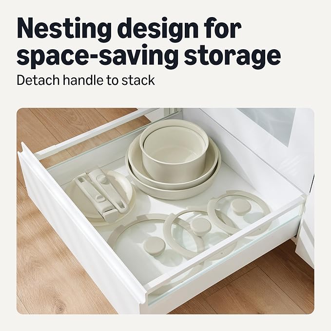 Amazon Basics Ceramic Nonstick Stackable Cookware with Detachable Handles, 11-Piece Set, All Cooktop Friendly, Linen Gray