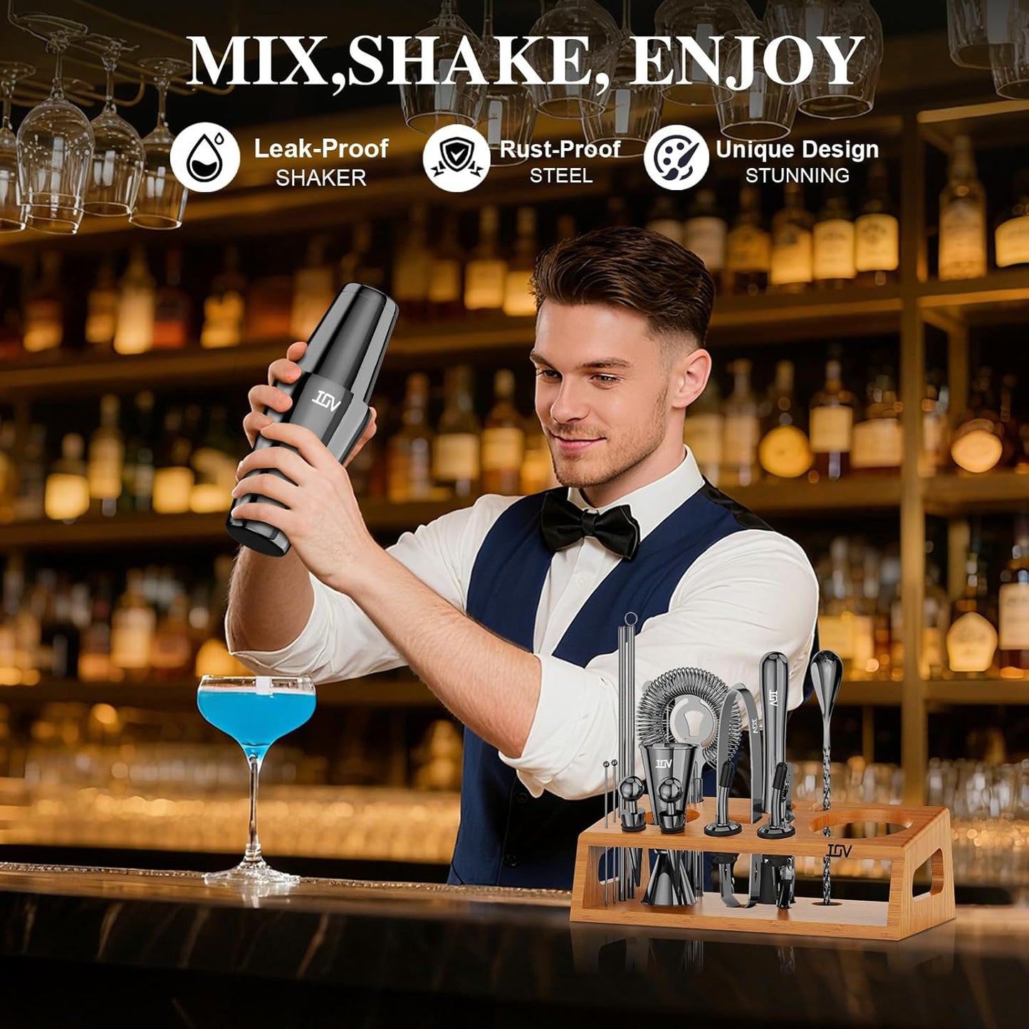 IOV Mixology Bartender Kit Bar Set with Stand | 17-Piece Cocktail Shaker Set | 28oz Boston Shaker Drink Mixer Set with All Essential Accessory Tools | Fun Housewarming Gift (Black)