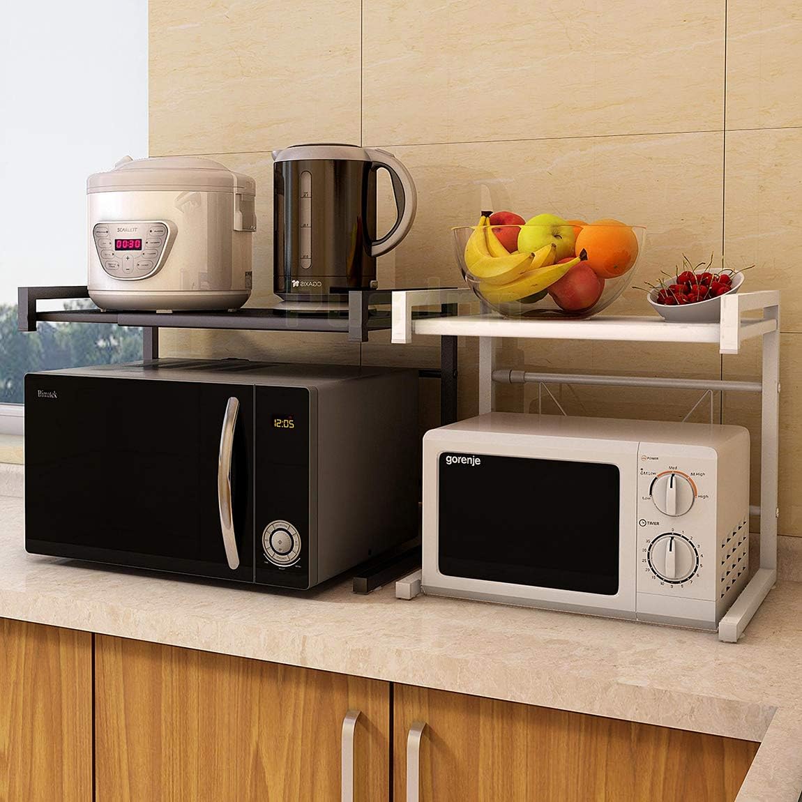 PUSDON Adjustable Carbon Steel Microwave Oven Rack, 2-Tier with 3 Hooks, 55lbs Weight Capacity, White