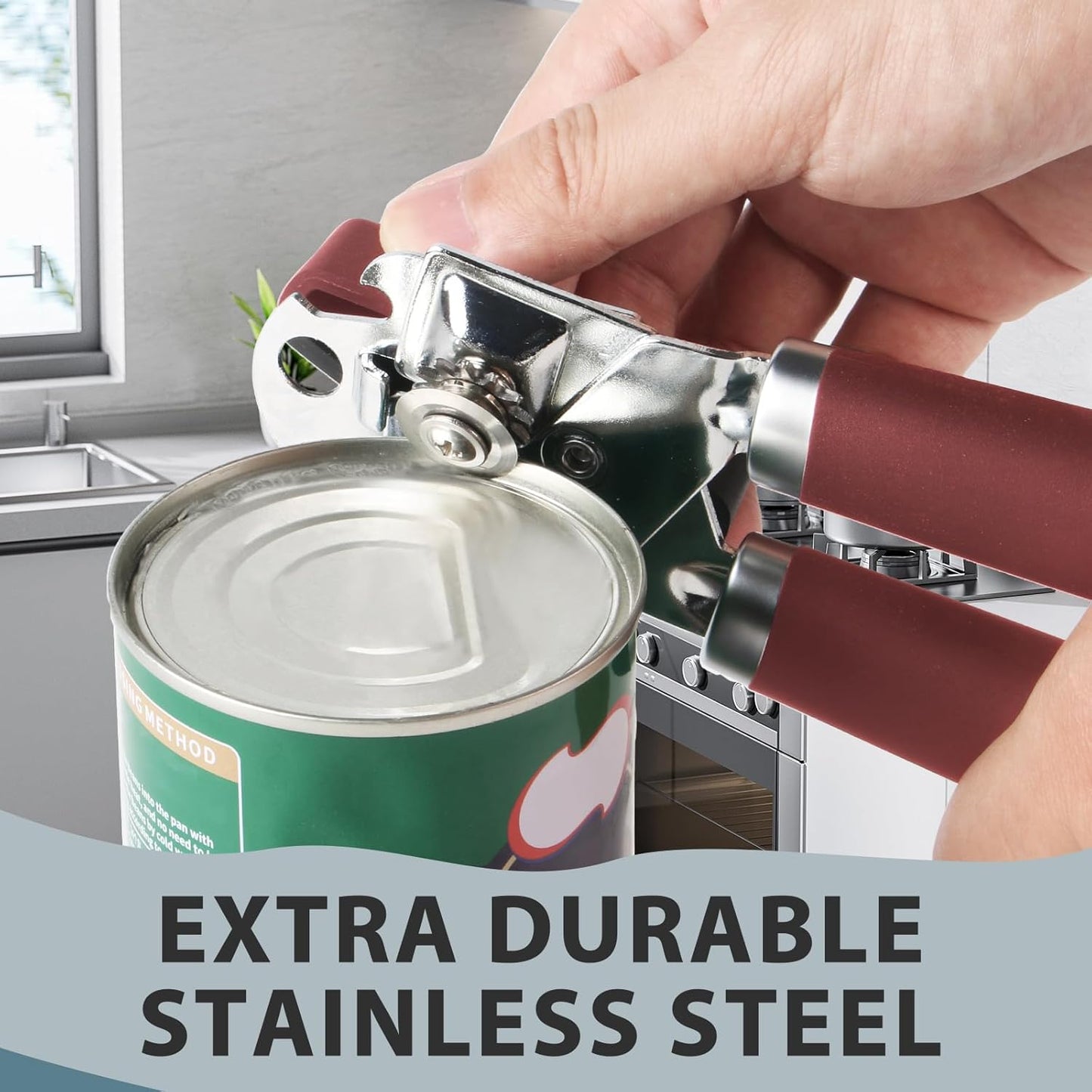 Can Opener Manual, Heavy Duty Handheld Strong Can Opener with Soft Touch Handle, Sharp Blade Smooth Edge, Can Openers with Multifunctional Bottle Opener, Red