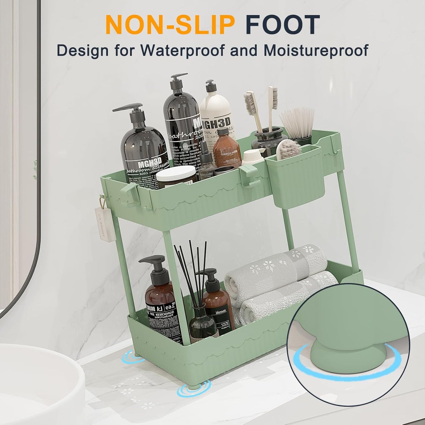 2 Pack Under Sink Organizer, Under Bathroom Cabinet Organizer with Hooks Hanging Cup, Multi-Purpose Storage Shelf for Kitchen Bathroom (Green, XL)