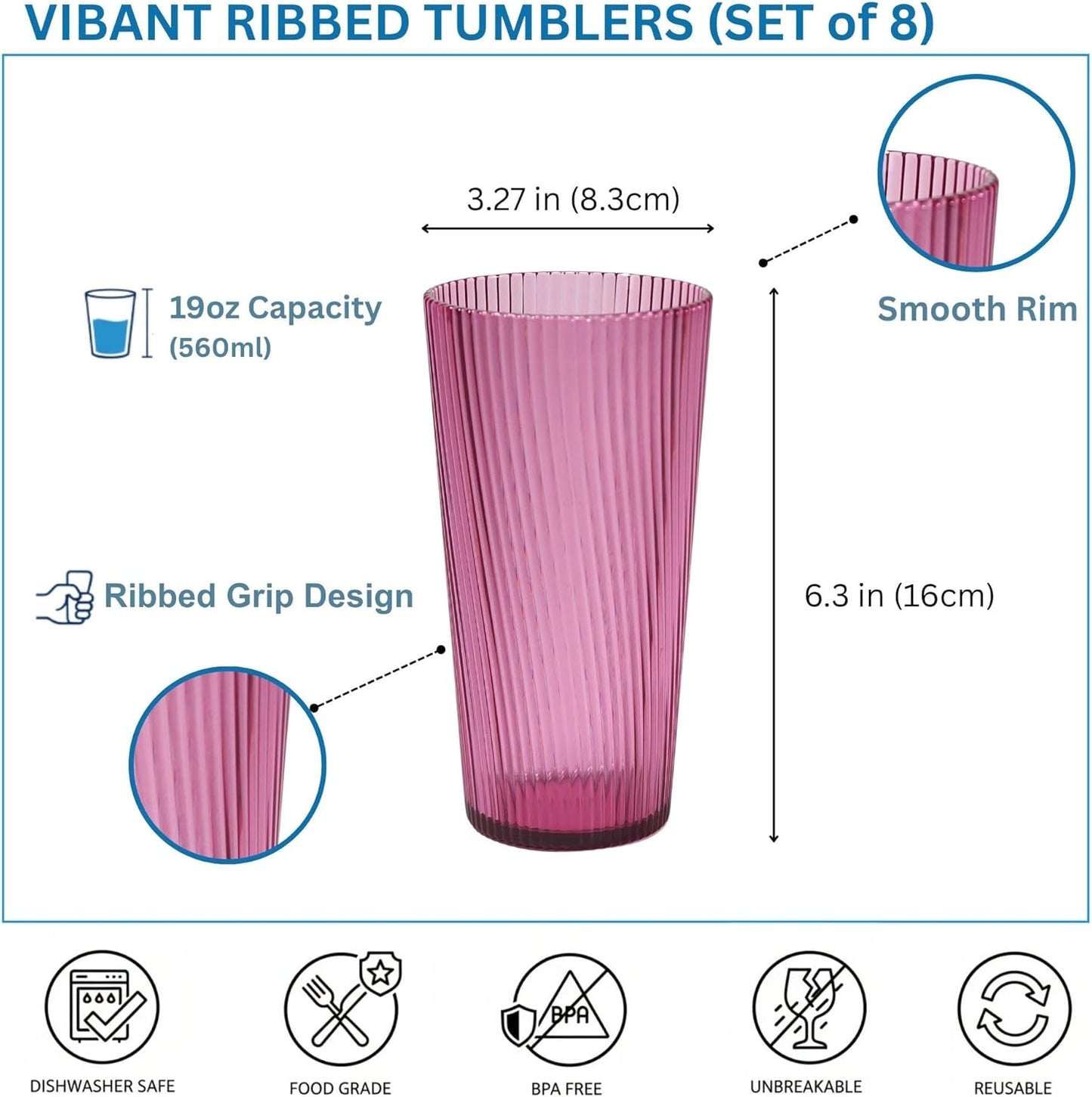 8-Piece Twill Plastic Tumbler Set, 19oz Stackable Drinking Glasses, BPA-Free & Food Grade, Ribbed Design, Top-Rack Dishwasher Safe, Durable Cups for Patio, Party, Gift and Everyday Use