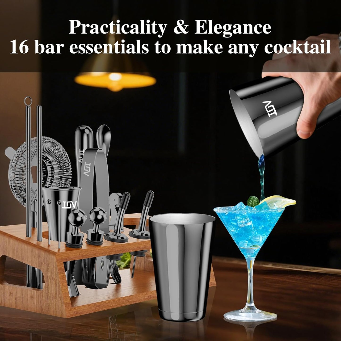IOV Mixology Bartender Kit Bar Set with Stand | 17-Piece Cocktail Shaker Set | 28oz Boston Shaker Drink Mixer Set with All Essential Accessory Tools | Fun Housewarming Gift (Black)