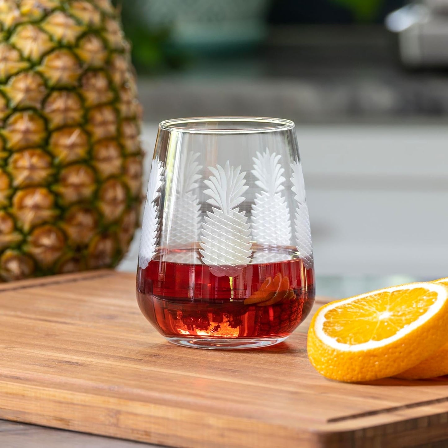 Rolf Glass Fresh Pineapple Stemless Wine Glass | 15.75oz Stemless Tumblers | Lead-Free and Diamond-Wheel Engraved | Tropical Coastal Etched Glassware with Pineapple Design | Set of 4