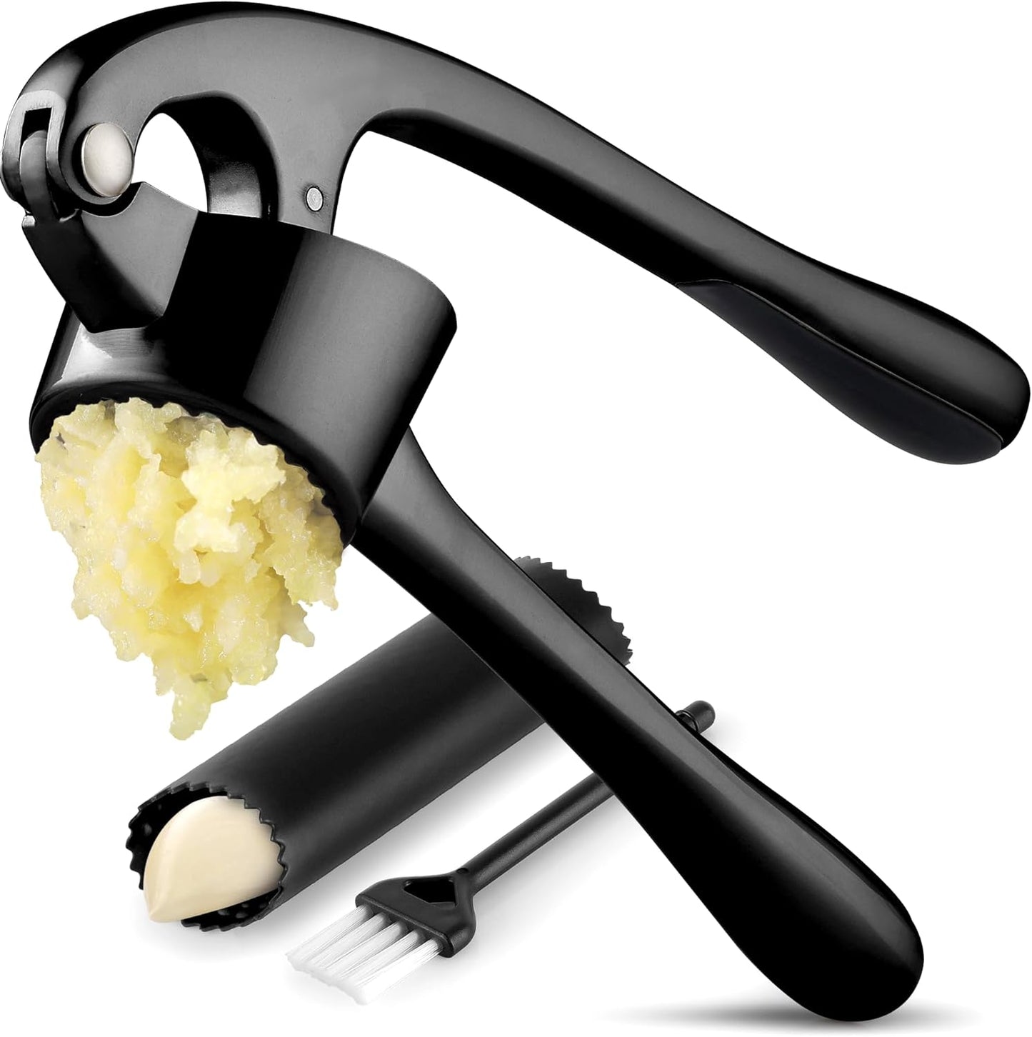 Zulay Kitchen Large Premium Garlic Press Set - Bigger Bowl for Bigger Garlic - Rust Proof & Dishwasher Safe Garlic Mincer Tool - Easy-Squeeze, Easy-Clean Silicone Garlic Peeler & Brush (Black)