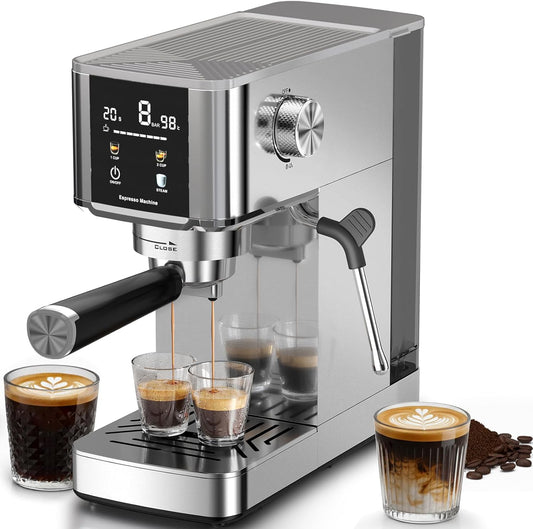Kismile Espresso Machine, 20 Bar Compact Stainless Coffee Maker with 48oz Detachable Water Tank & Capsule Funnel, LED Display, Steam Milk Frother, Pre-Infusion for Mocha, Latte at Home or Office