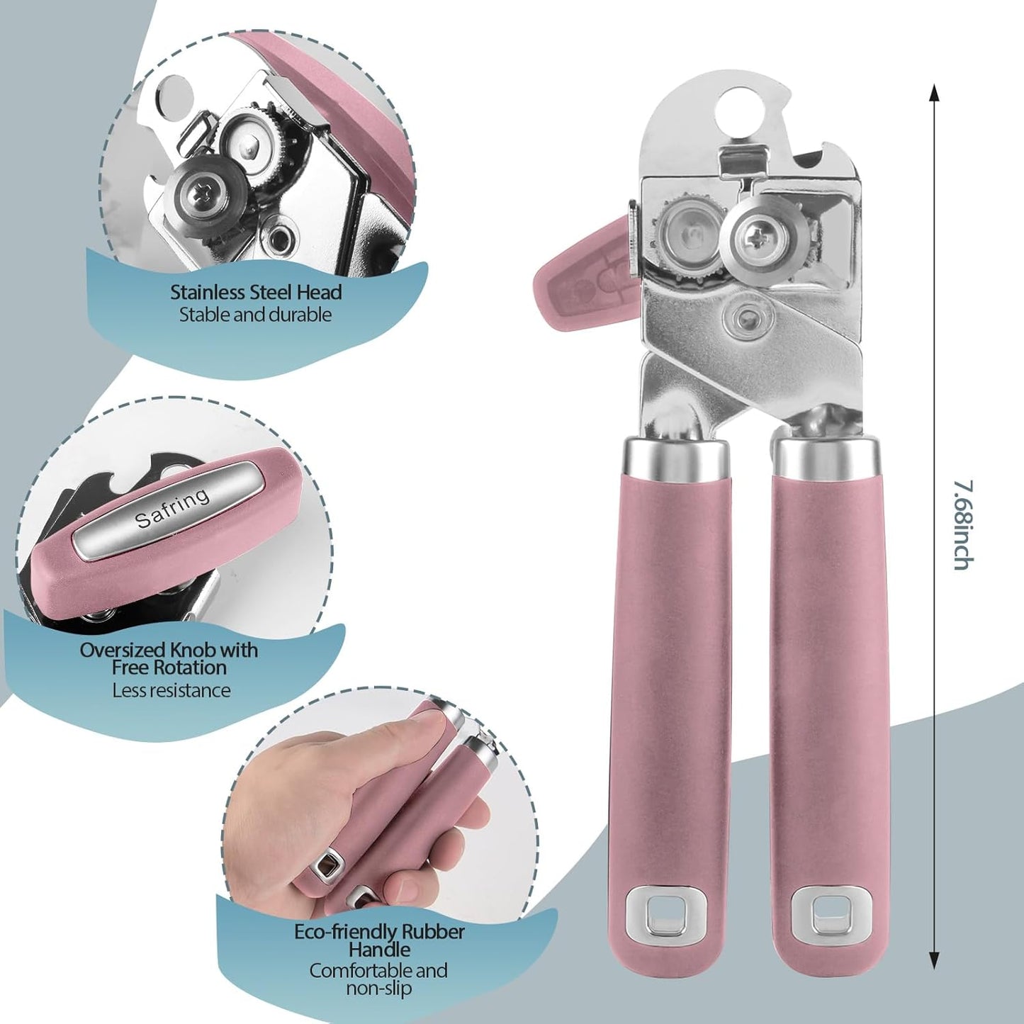 Can Opener Manual, Heavy Duty Handheld Strong Can Opener with Soft Touch Handle, Sharp Blade Smooth Edge, Can Openers with Multifunctional Bottle Opener, Pink