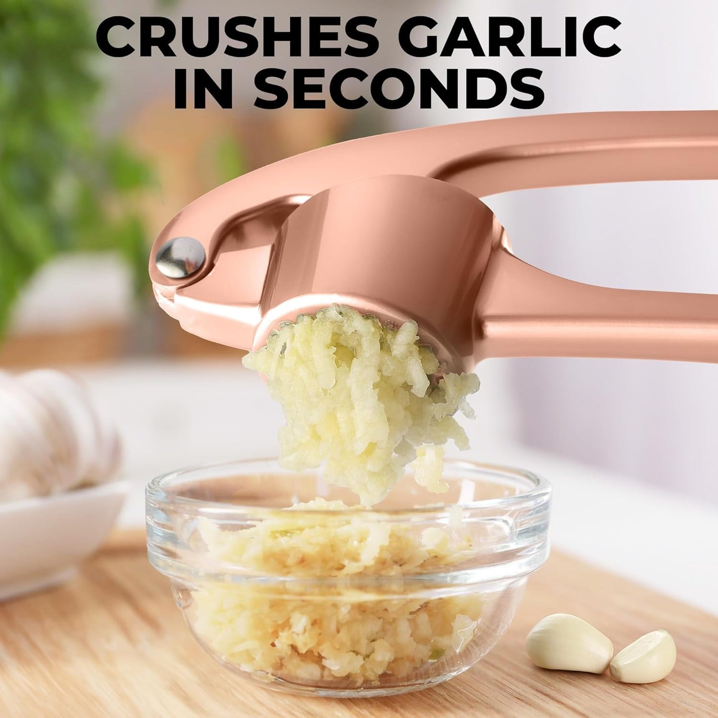 Zulay Kitchen Premium Garlic Press Set - Rust Proof & Dishwasher Safe Professional Garlic Mincer Tool - Easy-Squeeze, Easy-Clean with Soft Handle - Silicone Garlic Peeler & Brush (Rose Gold)