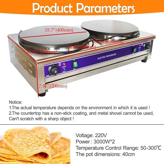 Commercial Electric Crepe Maker, Double Head Pancake Machine 40cm(15.75") Nonstick Griddle with Temperature Control for Pancakes, Eggs, Bacon & Tortillas