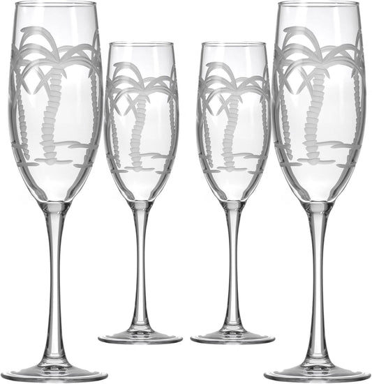 Rolf Glass Palm Tree Champagne Flute | 8oz Toasting Flute Glasses | Lead-Free and Diamond-Wheel Engraved Crystal Glass | Tropical Island-Inspired Design | Made in America | Set of 4