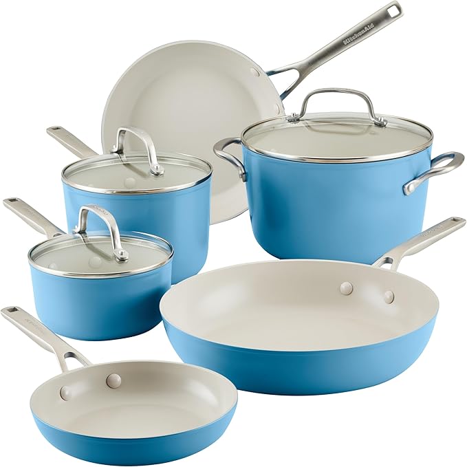 KitchenAid Hard Anodized Ceramic Nonstick Cookware Pots and Pans Set, 9 Piece - Blue Velvet