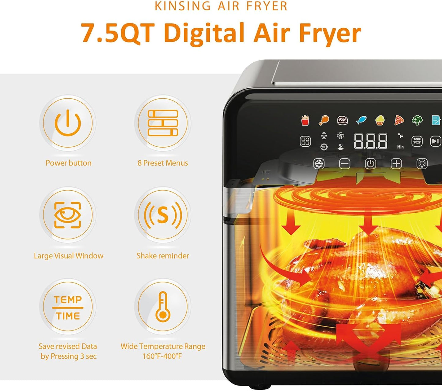 Air Fryer with Window Visible 8-in-1,Compact & Large 7.5-Qt,Up to 85% Less Oil,Roast, Bake, Dry, Reheat, Frozen, Broil,160-400℉ Even Results With Precise Temperature Control,Whole Metal Cover