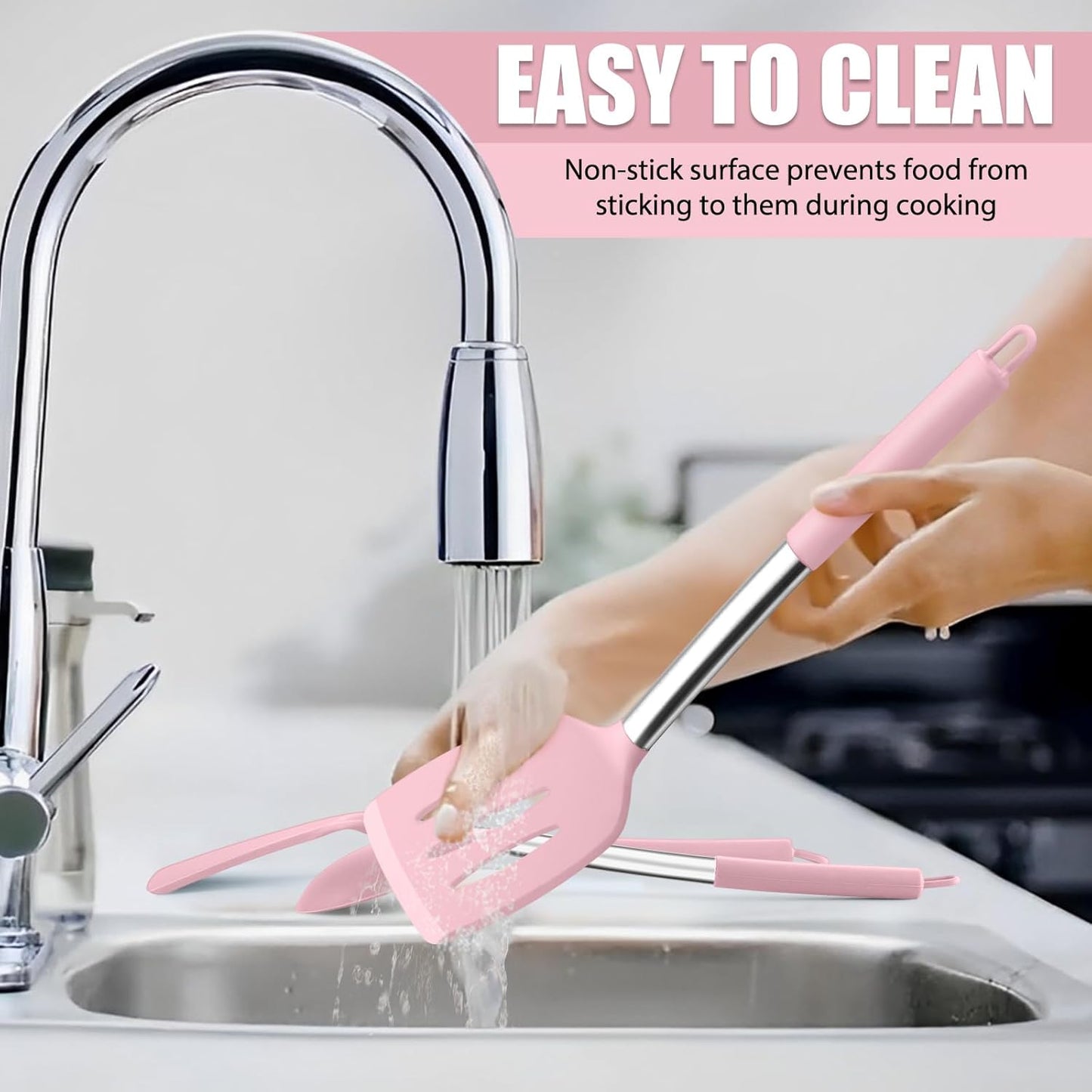 E-far Silicone Spatula Set of 2, Solid & Slotted Turner for Nonstick Cookware, Heat Resistant Rubber Kitchen Cooking Utensils for Flipping Fish Pancake Egg - Pink