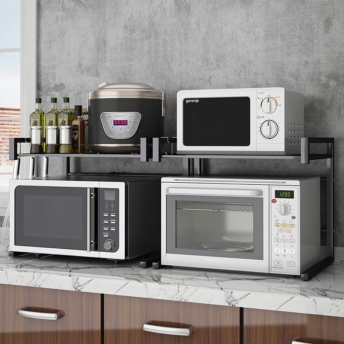 PUSDON Adjustable Carbon Steel Microwave Oven Rack, 2-Tier with 3 Hooks, 55lbs Weight Capacity, Black