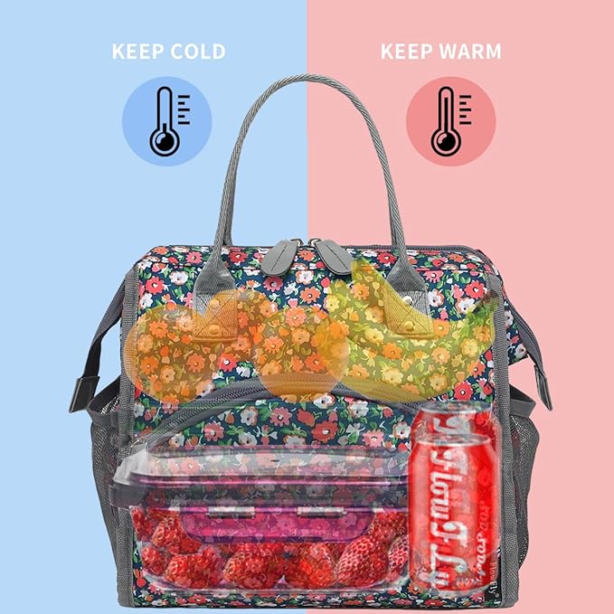 FlowFly Insulated Lunch Bag for Women, Men, Large and Reusable, Handle, Work and Travel Tote and Meal Prep Organizer, Floral