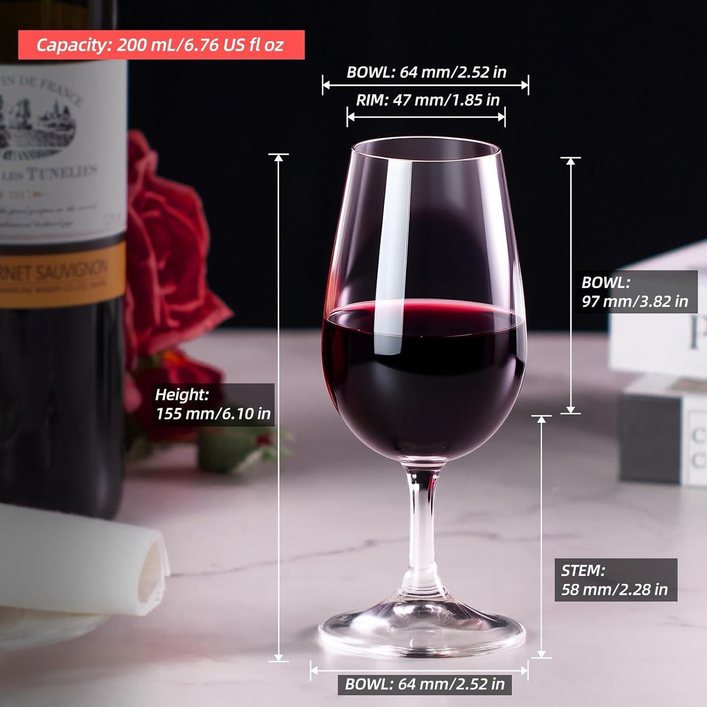 KAMMAK Wine Glasses Set of 2, 6.7 oz Hand Blown Crystal Bordeaux Wine Glasses, Thin Rim & Long Stem, Perfect for Red & White, Daily Use, Wedding Anniversary or Birthday Gift with Gift Box, Port