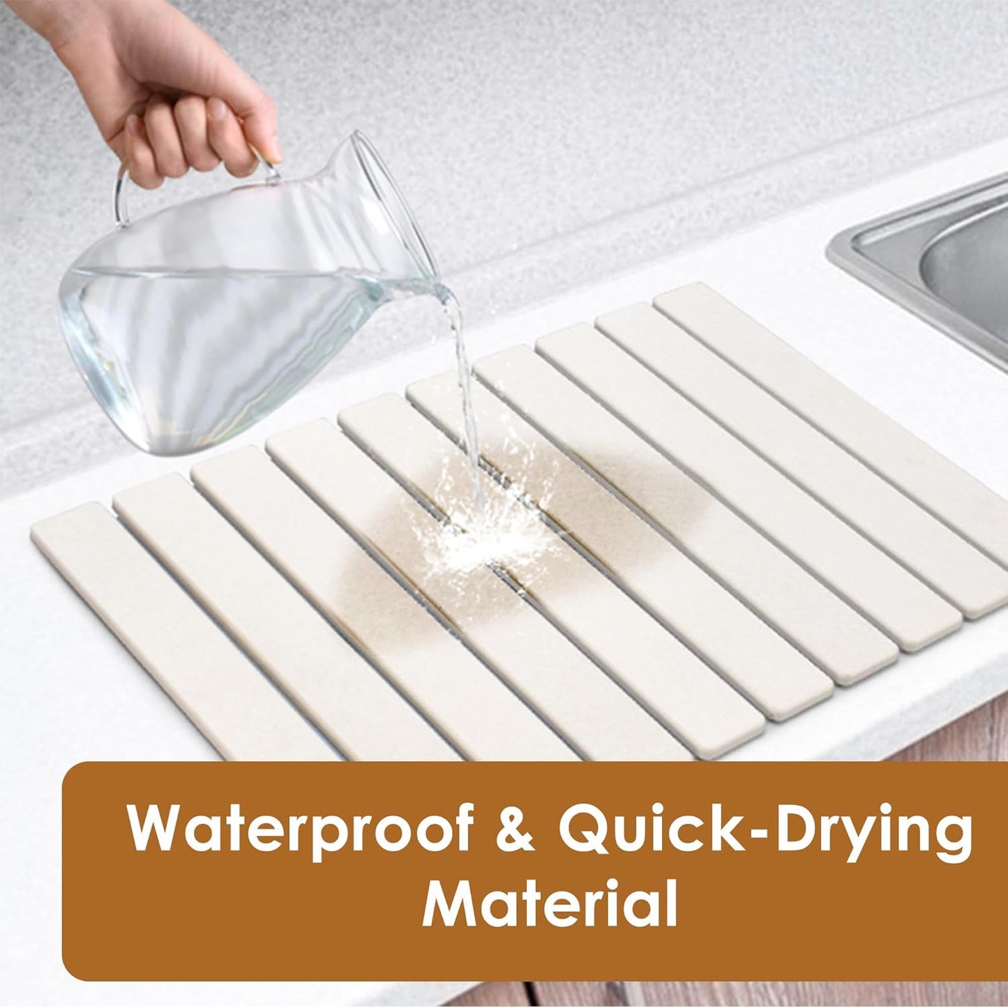 Large Stone Dish Drying Mat for Kitchen Counter 24”x16” Quick Dry & Super Absorbent Diatomaceous Earth Stone Drying Mat, Foldable, Sustainable Roll Away Dish Mat for Dishes, Bottles & Cups