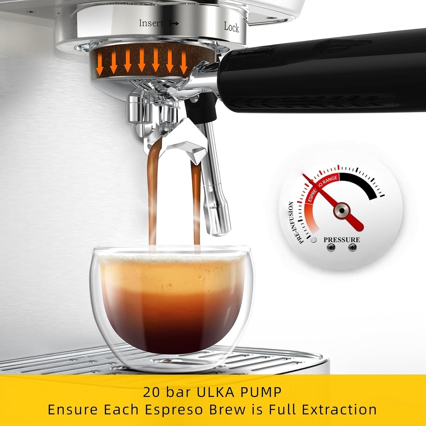 MAttinata CM1663 Espresso Machine, 20 Bar Compact Coffee Maker with Milk Frother Steam Wand for Cappuccino, Latte, Professional Pressure Gauge & 49oz Removable Water Tank for Home，Stainless Steel