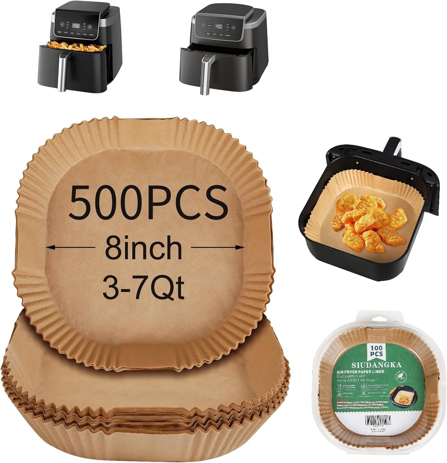 500 Pcs Air Fryer Paper Liners, 8 Inch Parchment Paper for 3-7 Qt Airfryer Basket, Square Airfryer Liners Compatible with COSORI 6-Qt, Ninja 5QT, Chefman 6 Quart Air Fryer