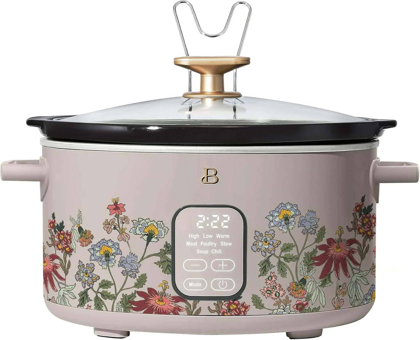 Beautiful 6 Qt Programmable Slow Cooker by Drew Barrymore - 5 Preset Cooking Functions, Digital Countdown Timer, Dishwasher-Safe Parts, and Cool-Touch Handles (Wildflower Porcini Taupe.)