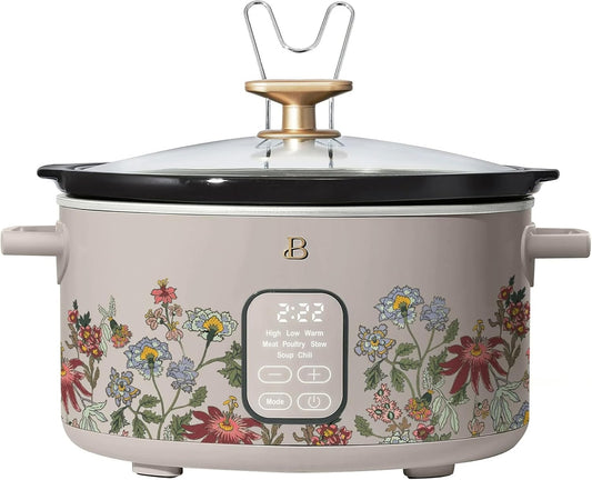 Beautiful 6 Qt Programmable Slow Cooker by Drew Barrymore - 5 Preset Cooking Functions, Digital Countdown Timer, Dishwasher-Safe Parts, and Cool-Touch Handles (Wildflower Porcini Taupe.)