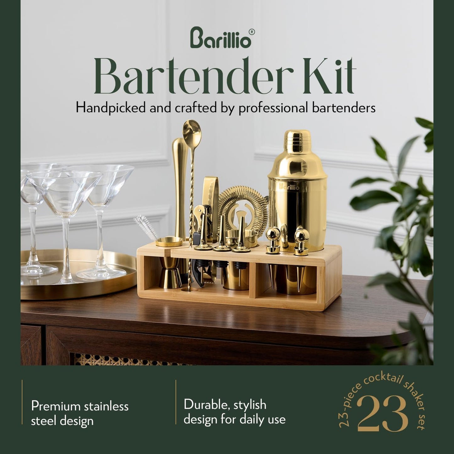 Barillio Gold Bartender Kit - Stainless-Steel Cocktail Shaker Set w/Bamboo Stand - Mixology Bar Tools w/Drink Shaker, Mixer Spoon and Muddler for Cocktails - Home Bar Accessories - 23-Pc Bar Set