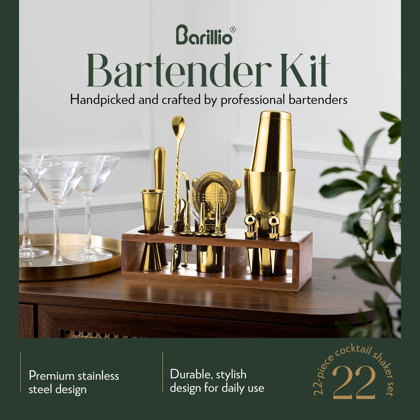 Barillio Gold Bartender Kit – 23-Piece Stainless-Steel Cocktail Shaker Set with Premium Acacia Stand | Martini Barware Mixing Tools for Home Bartending | Gift Set