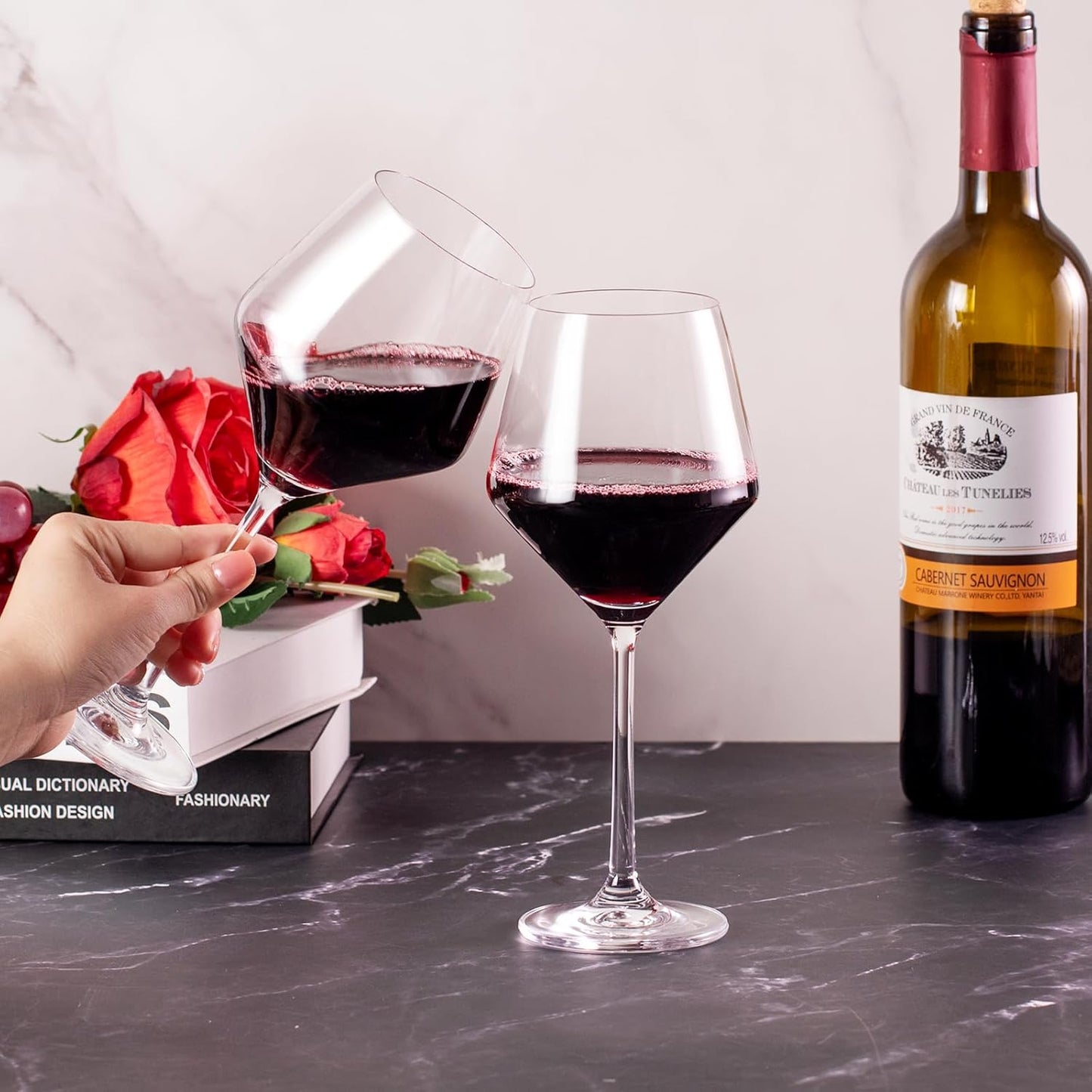 KAMMAK Wine Glasses Set of 2, 15 oz Hand Blown Crystal Bordeaux Wine Glasses, Thin Rim & Long Stem, Perfect for Red & White, Daily Use, Wedding Anniversary or Birthday Gift with Gift Box, S83BG45