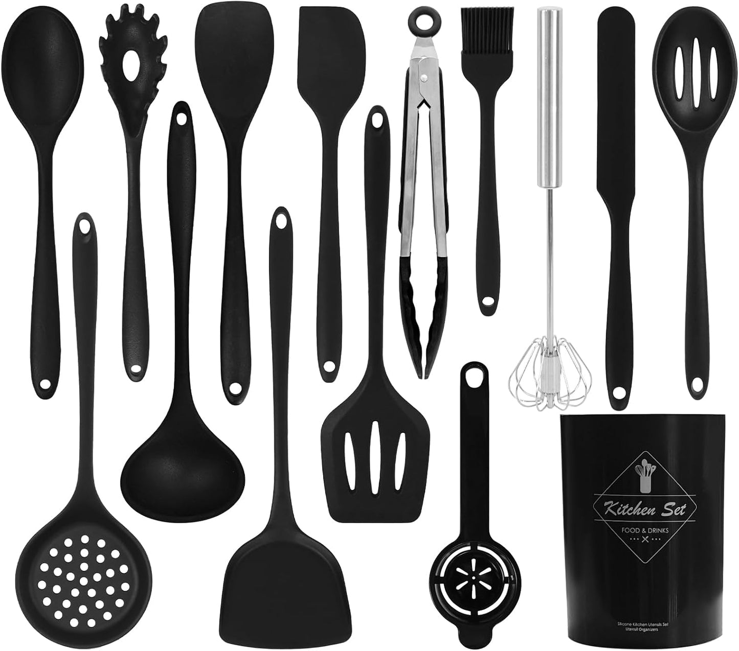Silicone Kitchen Utensils Set 15PC Cooking Utensils Set, 600°F Heat Resistant Kitchen Gadgets Sets for Nonstick Cookware with Holder, Turner, Tongs, Whisk, Spoons, Spatulas, Brush, Black